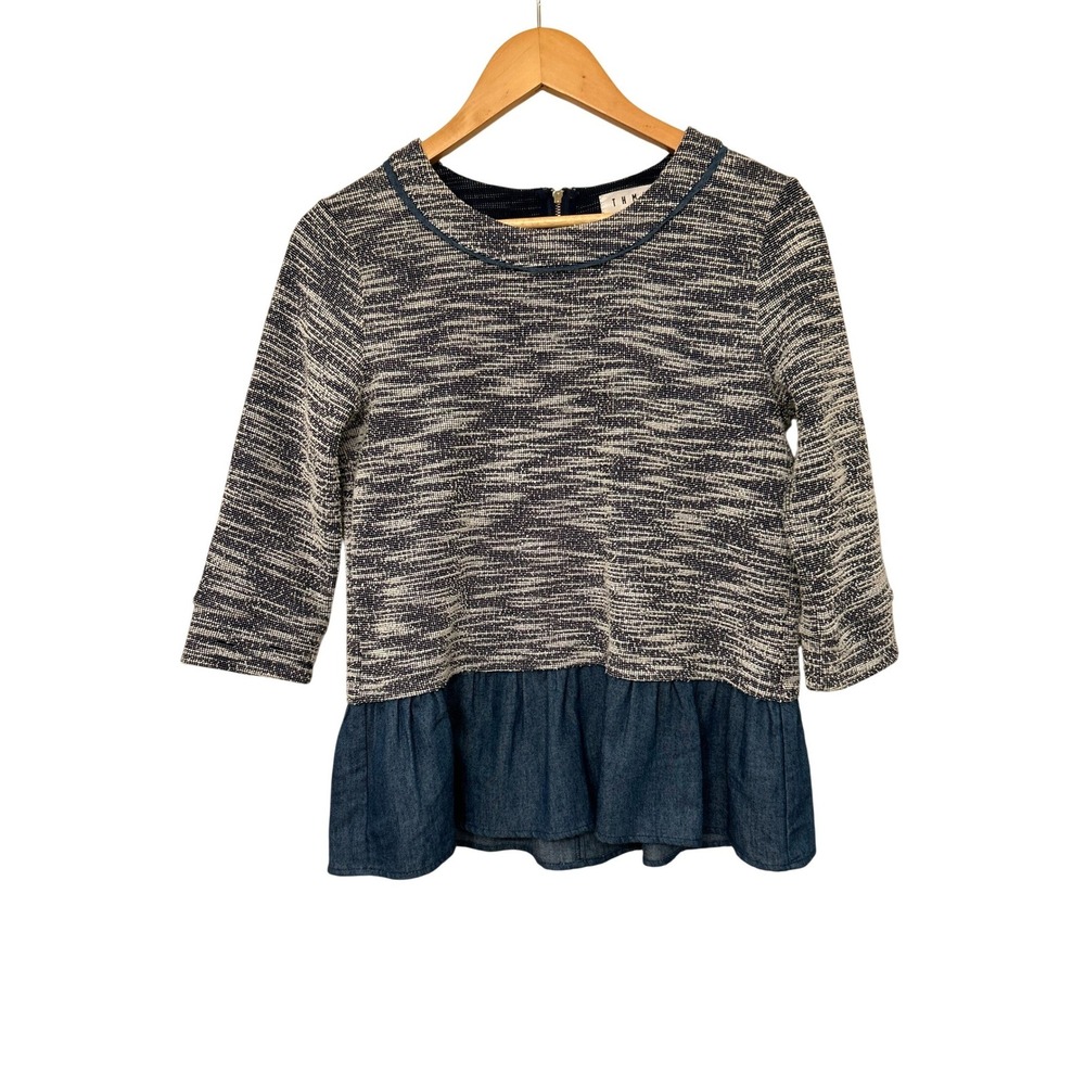THML Mixed Media Tweed Denim Peplum Top XS Chambray Ruffle Gold Zip Boho Chic